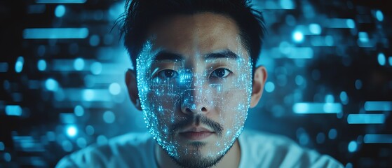 Poster - Server room portrait of Asian system engineer, cyber security expert with laptop, AI cloud service network and data protection interface, focused expression, hightech design