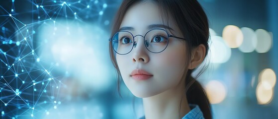 Poster - Server room portrait of Asian system engineer, cyber security expert with laptop, AI cloud service network and data protection interface, focused expression, hightech design