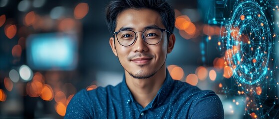 Poster - Server room portrait of Asian system engineer, cyber security expert with laptop, AI cloud service network and data protection interface, focused expression, hightech design