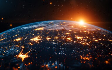 Poster - Stylish Earth globe with animated data blocks, virtual connections glowing in a tech landscape, modern and vibrant design, hightech atmosphere