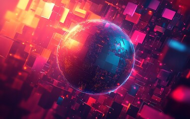 Poster - Stylized Earth globe enveloped in floating data blocks, glowing virtual connections, modern cyber landscape, vivid color palette, dynamic technology theme
