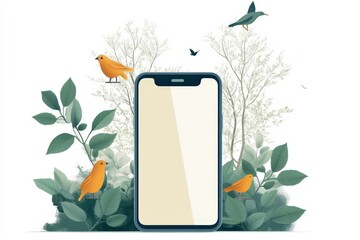 Serene nature scene with birds, leaves, and a smartphone displaying a blank screen.