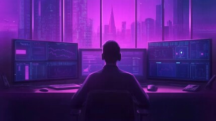 Poster - futuristic data analyst in neon-lit cityscape, monitors displaying analytics