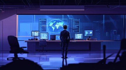 Poster - surveillance room with monitors displaying global data and analytics