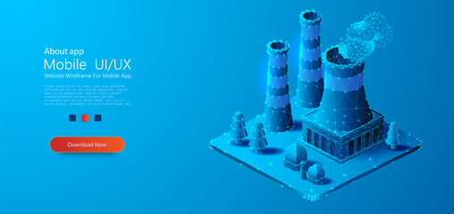 Low-poly 3D vector illustration of an industrial power plant emitting smoke, represented through a futuristic wireframe and polygonal design. Factory low-poly compound structure.