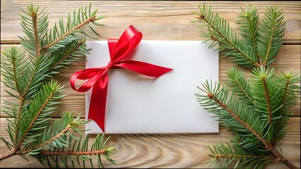 White paper with a red ribbon and a spruce branch on top, a restrained festive style.
