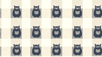 A seamless gingham fabric featuring tiny owl silhouettes in dark gray, layered on a cream gingham background, hd quality, natural texture, textile design, vintage style, fabric texture,