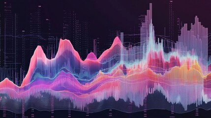 Poster - Colorful data visualization with waves and peaks, abstract digital design