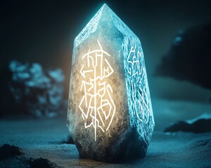 Glowing crystal with ancient runes, mysterious and magical, fantasy concept.