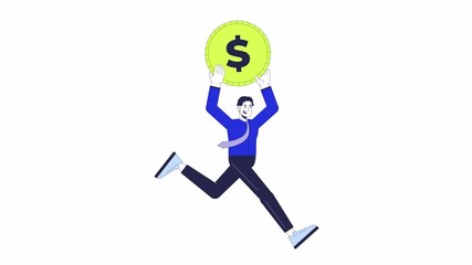 Poster - Digital marketing budget 2D animation. Allocation funds for business promotion 4K video motion graphic. Asian man running with dollar coin animated character cartoon flat concept, white background
