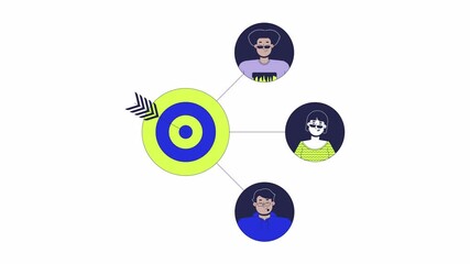 Poster - Target customers 2D animation. Purpose employees. Consumers aim. Internet marketing 4K video motion graphic. Common goal for team animated characters cartoon flat concept, white background