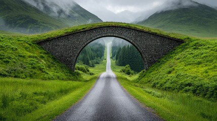 Wall Mural - A scenic stone arch bridge spans a lush green valley, leading to a misty, mountainous landscape, creating a tranquil atmosphere for nature lovers.