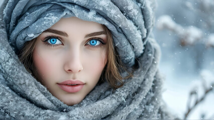 Beautiful Russian woman Blue eyes in headscarf on winter landscape background