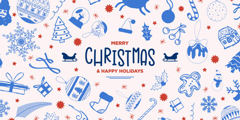 Poster - jolly merry christmas and happy holidays greeting card banner filled with hand drawn christmas patte