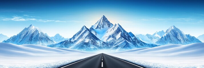 Wall Mural - A serene landscape showcasing snow-capped mountains and a clear blue sky, with a long road leading into the distance.