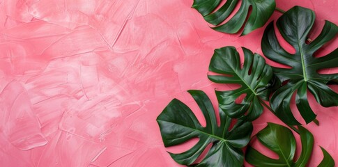 Dragon Tail Monstera or Epipremnum Pinnatum tropical leaves on coral color background minimal summer