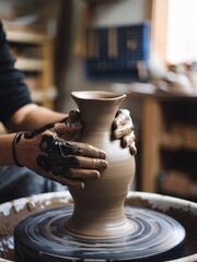 Potter Shaping Clay on a Wheel