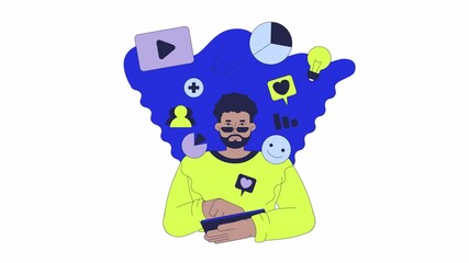 Poster - Social media manager 2D animation. Digital marketing advertising 4K video motion graphic. SMM managing online presence with tablet animated character cartoon flat concept, white background