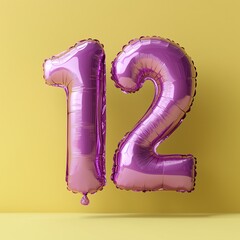 Violet metallic number 12 twelve made of inflatable balloon on yellow background