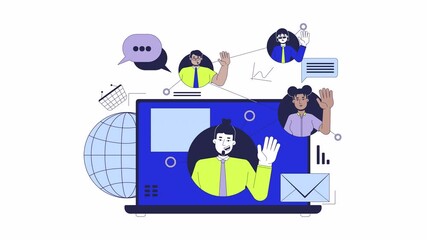 Poster - Remote digital marketing team 2D animation. Retail business promotion 4K video motion graphic. Social media specialists working together animated characters cartoon flat concept, white background