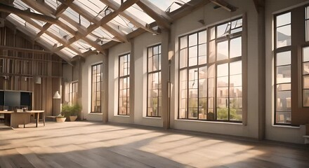 Wall Mural - An empty loft room with large windows a wooden floor an urban view and light 4K