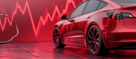 Red car with stock market trend graph background, sleek design, modern aesthetics