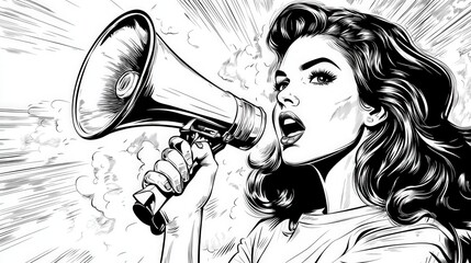 Wall Mural - Vintage retro comic book style woman with megaphone, pop art posters, line drawing with intricate, beautiful, premium details, perfect for print work