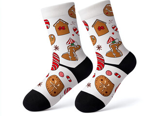 Festive Christmas socks featuring gingerbread houses, candy canes, and holiday treats create cheerful and cozy atmosphere for season