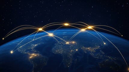 Poster - A glowing representation of planet Earth highlights a network of connections against a dark blue backdrop, symbolizing global commerce and technology.