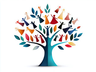 vibrant tree design featuring colorful figures celebrating joy and unity, symbolizing community and togetherness. artwork showcases harmonious blend of nature and human connection