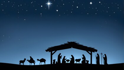 Simple nativity scene a silhouetted nativity scene under a soft blue night sky with a single star, AI Generated