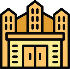 Poster - Modern building facade with large entrance doors and three towers, urban architecture design element in filled outline style