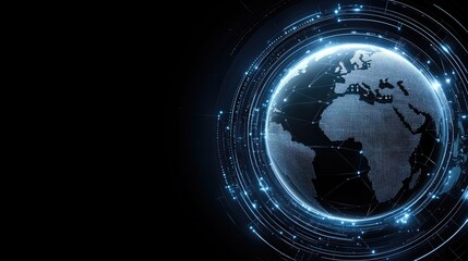 Poster - A glowing representation of planet Earth highlights a network of connections against a dark blue backdrop, symbolizing global commerce and technology