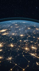 Poster - A glowing representation of planet Earth highlights a network of connections against a dark blue backdrop, symbolizing global commerce and technology