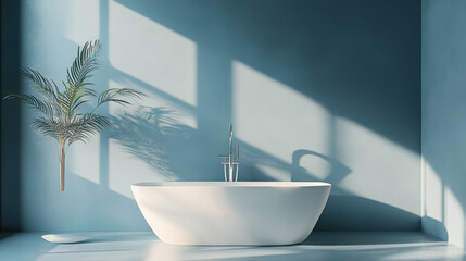 Light blue decorated bathroom scene, there is a white bathtub, stylish and simple style