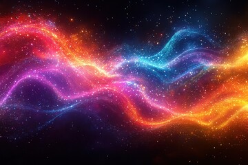 abstract glowing waves of red, blue, and orange light against a black background.