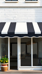 A black and white striped awning over a storefront isolated with white highlights, png