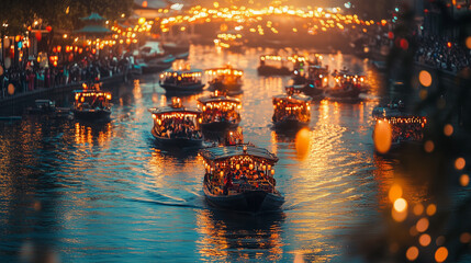 Bon Om Touk, a colorful traditional boat glides along a river filled with lantern reflections, Ai generated images