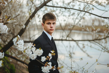 Portrait of a beautiful person wear stylish suit standing in park created with generative AI