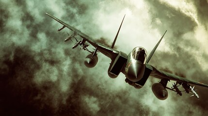 A close-up of a combat aircraft in mid-flight, with its weaponry visible and clouds swirling around, creating a sense of tension and excitement