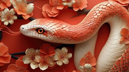 snake in red and gold colours, Chinese New Year concept, in the minimalistic style, graphical elements