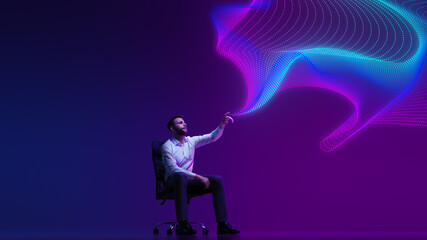 businessman explores dynamic wave of data in digital neon light against vibrant data cloud swirl aga