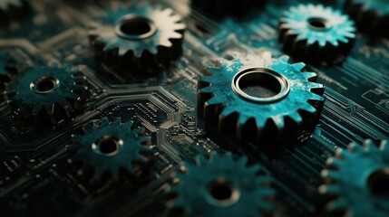 Poster - gears on circuit board, intricate design, metallic texture, technology concept
