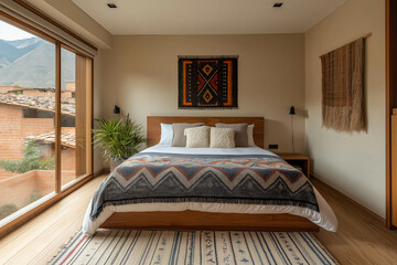 Modern Twin Size Bedroom in Cuzco with Neutral Tones and Wooden Frame