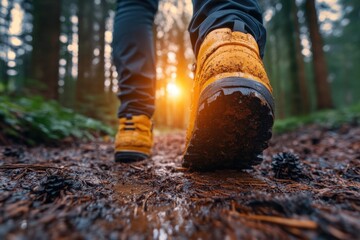 A close-up view of yellow hiking boots trekking through a damp forest, with warm sunlight streaming through the trees, highlighting the lush environment.