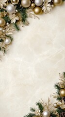 Sticker - A flat lay arrangement featuring a white marble background adorned with pine branches and stylish Christmas ornaments, creating a festive atmosphere