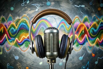 Poster - Engaging Podcast Doodle Concept with Microphone and Headphones for Creative Audio Content