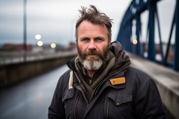 Portrait of a handsome bearded man in a black jacket on the bridge