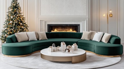 A beautifully decorated living room features a dark green sofa and a round table, creating a warm atmosphere for Christmas celebrations