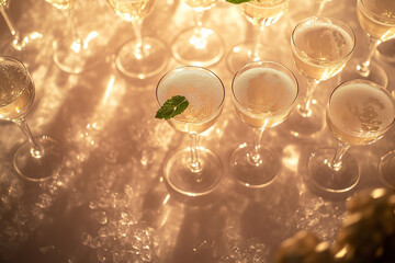  a shot of champagne in a crystal flute with a light garnish of rosemary and a fresh blackberry
